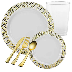 *BUY BULK* PEBBLED Collections Gold Disposable Plastic Dinner Tableware COMBO Set