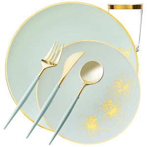 *BUY BULK* Orchid Collection Turquoise & Gold Disposable Plastic Dinner Tableware COMBO Set Disposable Tableware Decorline 40 Guest Servings