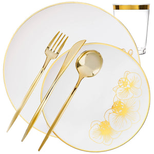 *BUY BULK* Orchid Collection White & Gold Disposable Plastic Dinner Tableware COMBO Set Disposable Tableware Decorline 40 Guest Servings