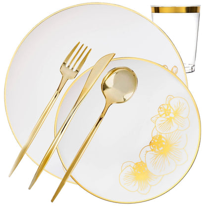 *BUY BULK* Orchid Collection White & Gold Disposable Plastic Dinner Tableware COMBO Set Disposable Tableware Decorline 40 Guest Servings