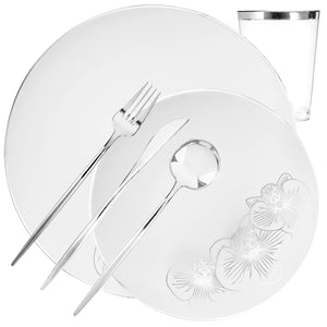 *BUY BULK* Orchid Collection Elegant White & Silver Disposable Plastic Dinner Tableware COMBO Set Disposable Tableware Decorline 40 Guest Servings