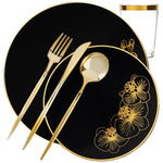 *BUY BULK* Orchid Collection Black & Gold Novelty Disposable Plastic Dinner Tableware COMBO Set Disposable Tableware Decorline 40 Guest Servings