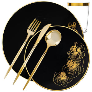 *BUY BULK* Orchid Collection Black & Gold Novelty Disposable Plastic Dinner Tableware COMBO Set Disposable Tableware Decorline 40 Guest Servings