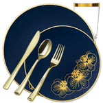 *BUY BULK* Orchid Collection Royal Blue & Gold Disposable Plastic Dinner Tableware COMBO Set Disposable Tableware Decorline 20 Guest Servings