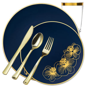 *BUY BULK* Orchid Collection Royal Blue & Gold Disposable Plastic Dinner Tableware COMBO Set Disposable Tableware Decorline 20 Guest Servings