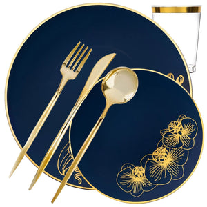 *BUY BULK* Orchid Collection Royal Blue & Gold Disposable Plastic Dinner Tableware COMBO Set Disposable Tableware Decorline 40 Guest Servings