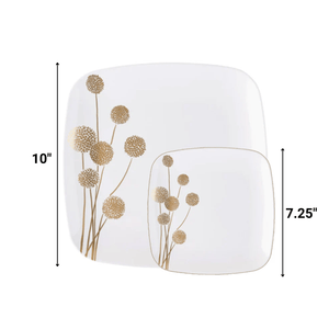 *BUY BULK*  Dandelion Square Plates Fancy Disposable White / Gold Disposable Plastic Dinner Tableware COMBO Set