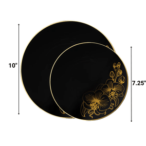 *BUY BULK* Orchid Collection  Black & Gold Disposable Plastic Dinner Tableware COMBO Set