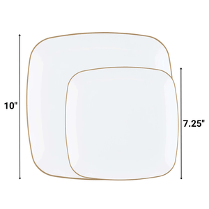 *BUY BULK* Orchid Collection White and Gold Rim Square Disposable Plastic Dinner Tableware COMBO Set