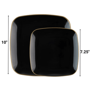 *BUY BULK* Orchid Collection Black and Gold Rim Square Disposable Plastic Dinner Tableware COMBO Set
