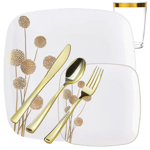 *BUY BULK*  Dandelion Square Plates Fancy Disposable White / Gold Disposable Plastic Dinner Tableware COMBO Set