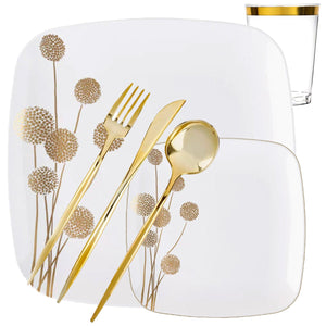 *BUY BULK* Dandelion Square Plates Gold and White Dispoable Plastic Dinner Tableware COMBO Set Disposable Tableware Blue Sky 40 Guest Servings