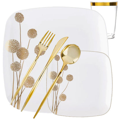 *BUY BULK* Dandelion Square Plates Gold and White Dispoable Plastic Dinner Tableware COMBO Set Disposable Tableware Blue Sky 40 Guest Servings