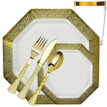 *BUY BULK*Lacetagon Collection Extra Heavyweight White with Lace Gold Rim Dispaoble Plastic Disposable Plastic Dinner Tableware COMBO Set Disposable Tableware Lillian Tablesettings 20 Guest Servings