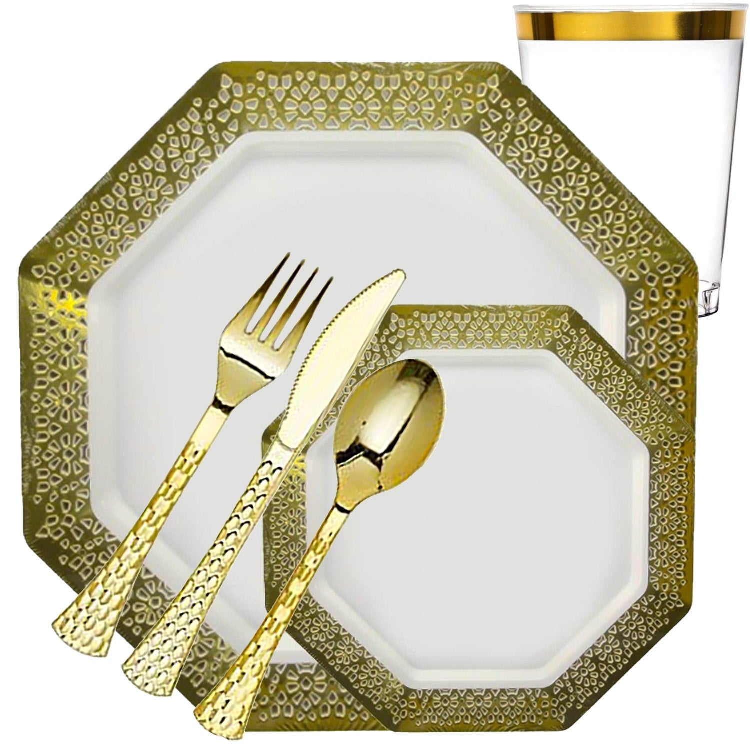 *BUY BULK*Lacetagon Collection Extra Heavyweight White with Lace Gold Rim Dispaoble Plastic Disposable Plastic Dinner Tableware COMBO Set Disposable Tableware Lillian Tablesettings 20 Guest Servings