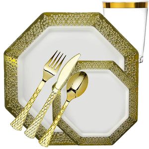 *BUY BULK*Lacetagon Collection Extra Heavyweight White with Lace Gold Rim Dispaoble Plastic Disposable Plastic Dinner Tableware COMBO Set Disposable Tableware Lillian Tablesettings 20 Guest Servings