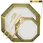 *BUY BULK*Lacetagon Collection Extra Heavyweight White with Lace Gold Rim Dispaoble Plastic Dinner Tableware COMBO Set Disposable Tableware Lillian Tablesettings 40 Guest Servings