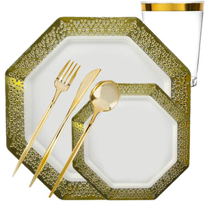 *BUY BULK*Lacetagon Collection Extra Heavyweight White with Lace Gold Rim Dispaoble Plastic Dinner Tableware COMBO Set Disposable Tableware Lillian Tablesettings 40 Guest Servings