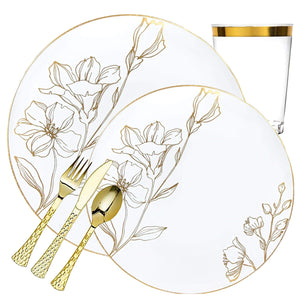 *BUY BULK* Antique Gold Floral s Disposable Plastic Dinner Tableware COMBO Set Disposable Tableware Blue Sky 20 Guest Servings