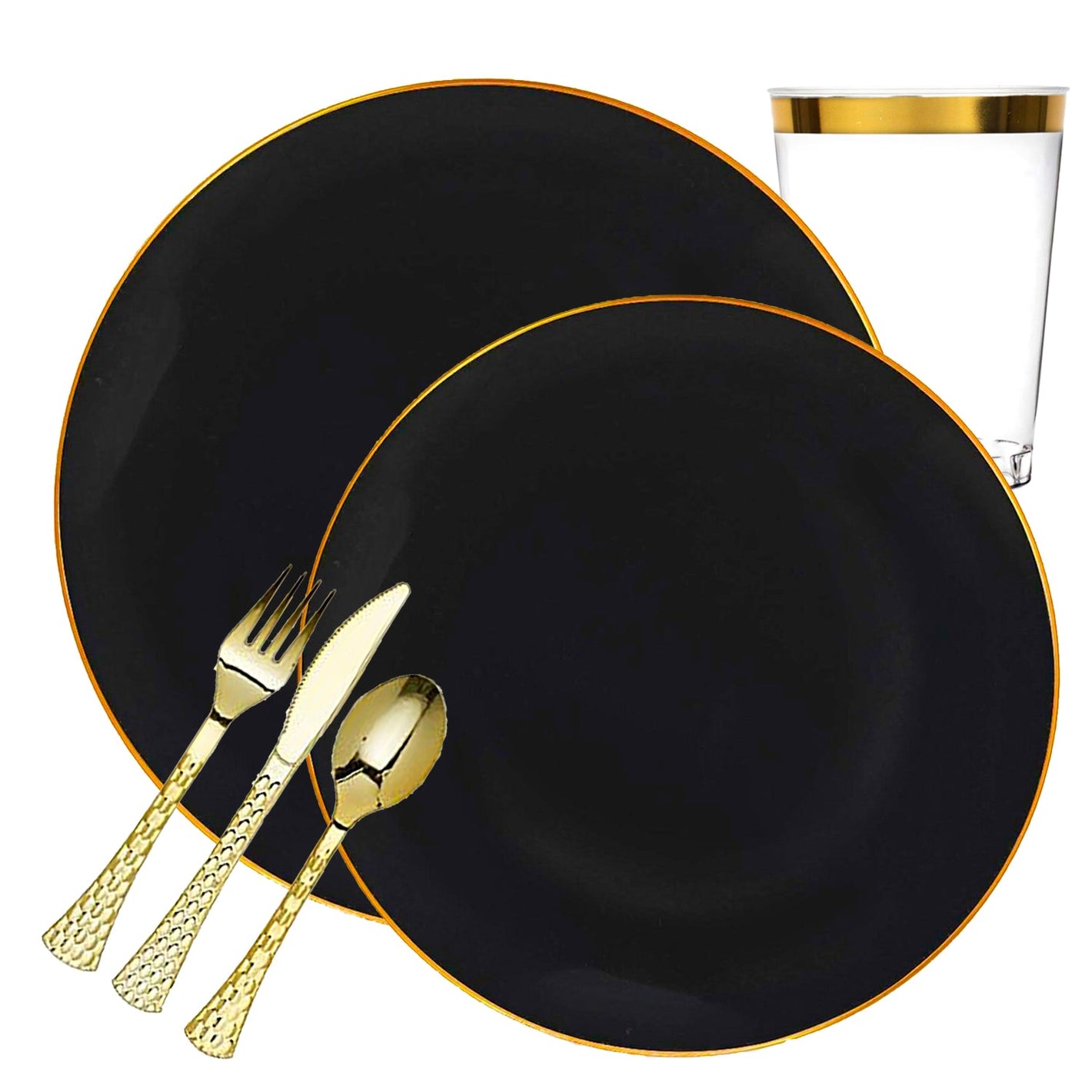 *BUY BULK* Organic Collection Black & Gold Rim Disposable Plastic Dinner Tableware COMBO Set Disposable Tableware Decorline 20 Guest Servings