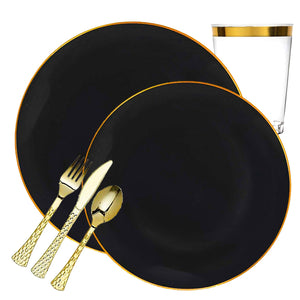 *BUY BULK* Organic Collection Black & Gold Rim Disposable Plastic Dinner Tableware COMBO Set Disposable Tableware Decorline 20 Guest Servings